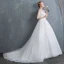 Affordable Ivory Wedding Dresses 2019 A-Line / Princess Scoop Neck Lace Flower 1/2 Sleeves Backless Court Train