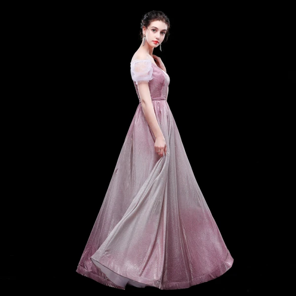 Chic / Beautiful Gradient-Color Candy Pink Evening Dresses 2019 A-Line / Princess V-Neck Glitter Polyester Short Sleeve Floor-Length / Long Formal Dresses