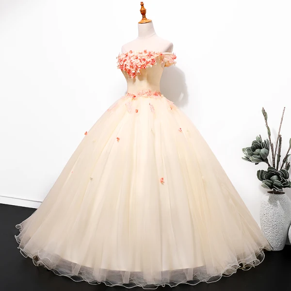 Chic / Beautiful Champagne Prom Dresses 2019 Ball Gown Off-The-Shoulder Lace Flower Appliques Short Sleeve Backless Floor-Length / Long Formal Dresses