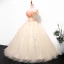Chic / Beautiful Champagne Prom Dresses 2019 Ball Gown Off-The-Shoulder Lace Flower Appliques Short Sleeve Backless Floor-Length / Long Formal Dresses