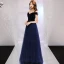 Schlicht Marineblau Abendkleider 2019 A Linie Off Shoulder Wildleder Kurze Ärmel Rückenfreies Sweep / Pinsel Zug Festliche Kleider