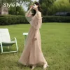 Modest / Simple Champagne Bridesmaid Dresses 2021 A-Line / Princess Scoop Neck Short Sleeve Backless Floor-Length / Long Wedding Party Dresses