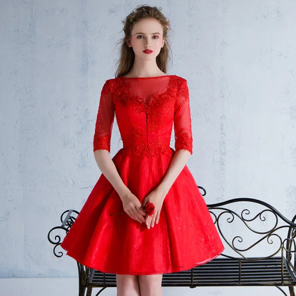 Chic / Beautiful Sky Blue Homecoming Graduation Dresses 2018 A-Line / Princess Appliques Scoop Neck Backless 1/2 Sleeves Short Formal Dresses