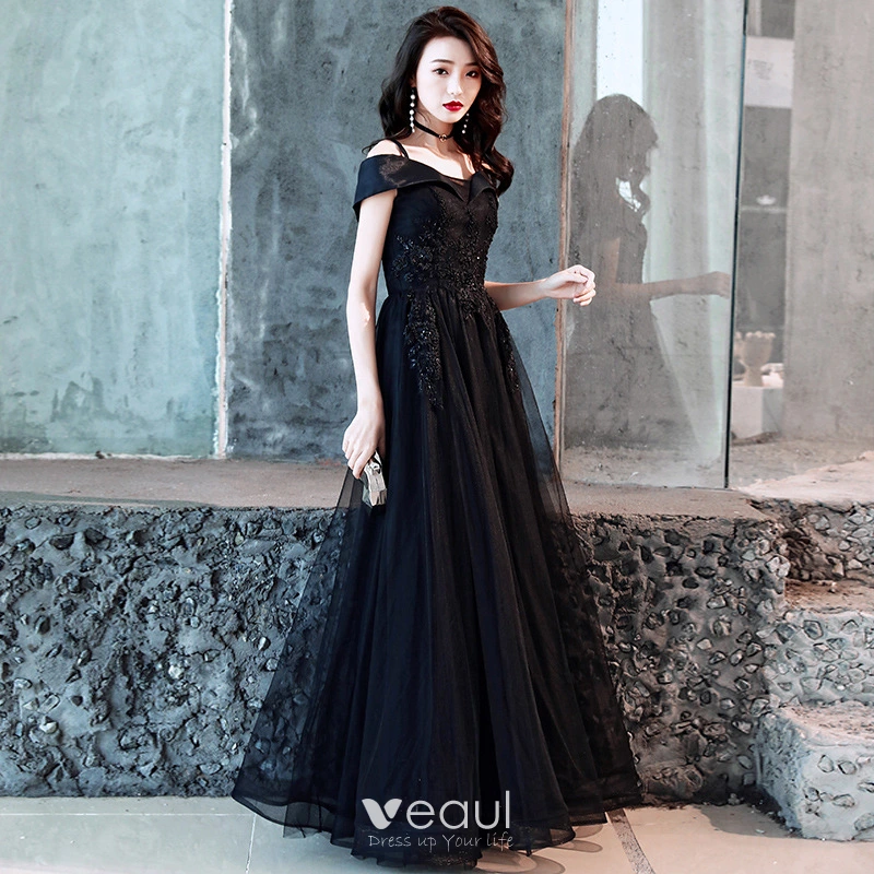 Encantador Negro Vestidos de noche 2019 A Line Princess Spaghetti Straps Rebordear Crystal Con Encaje Flor Manga Corta Sin Espalda Largos Vestidos Formales
