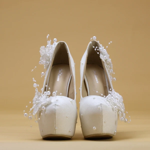 Chic / Beautiful Ivory Wedding Shoes 2019 Butterfly Lace Flower Pearl 14 cm Stiletto Heels Round Toe Wedding Pumps