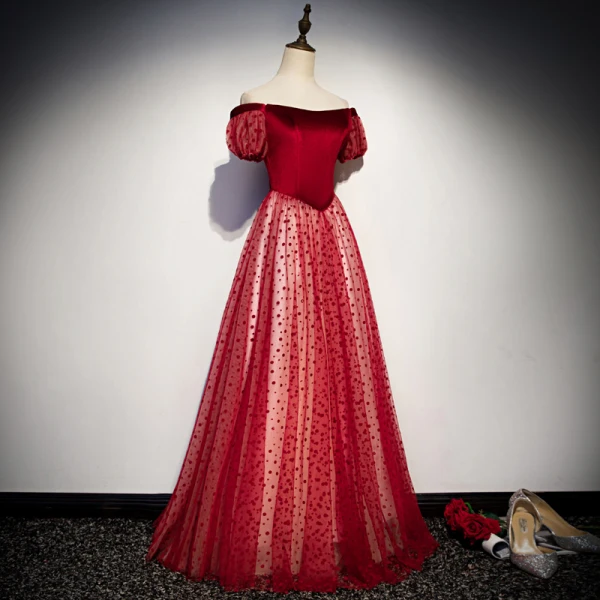 Chic / Belle Bordeaux Robe De Soirée 2019 Princesse De l'épaule Tachetée Manches Courtes Dos Nu Longue Robe De Ceremonie