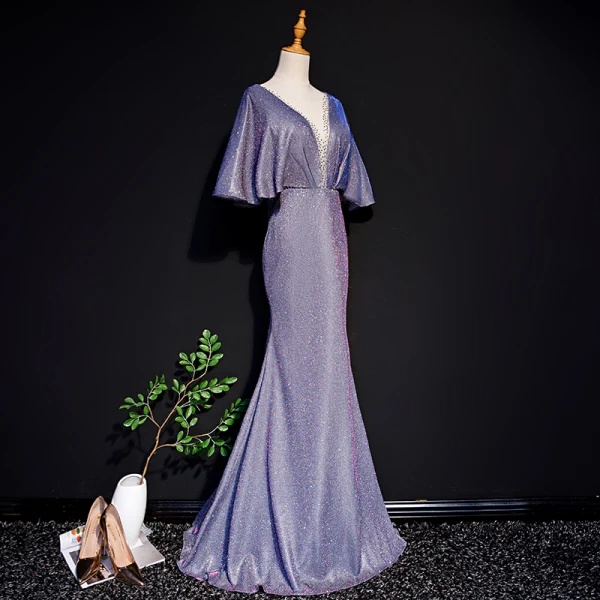 Charmant Traube Abendkleider 2019 Meerjungfrau Tiefer V-Ausschnitt Glanz Polyester Strass 1/2 Ärmel Lange Festliche Kleider