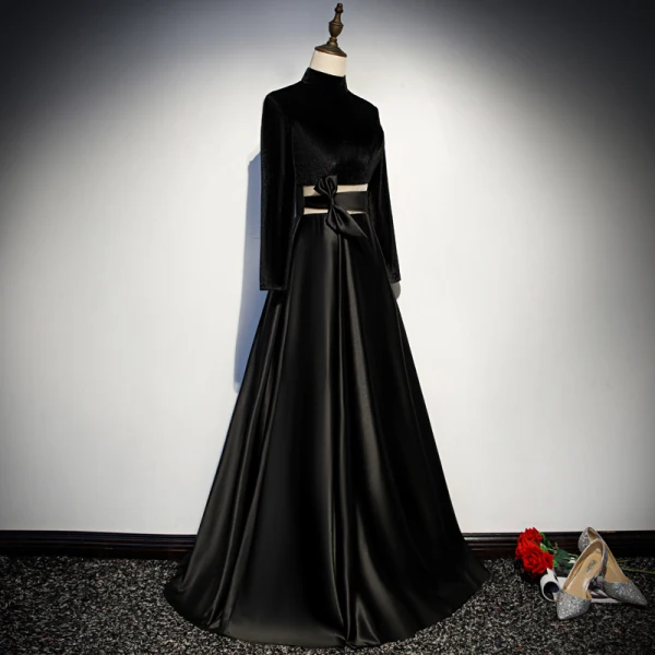 Vintage / Retro Black Evening Dresses 2019 A-Line / Princess High Neck Suede Bow Long Sleeve Backless Floor-Length / Long Formal Dresses