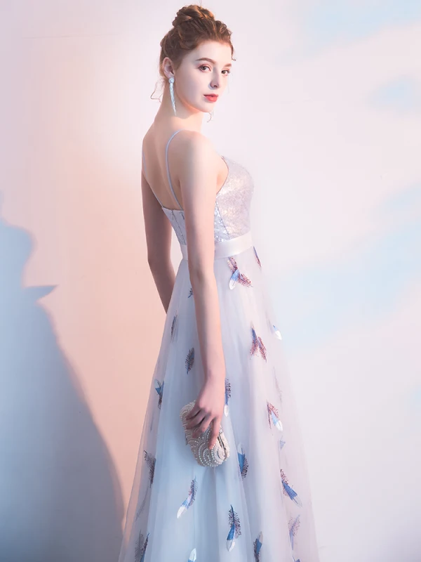 Eleganckie Srebrny Sukienki Wieczorowe 2019 Princessa Spaghetti Pasy Z Koronki Kwiat Cekiny Kokarda Bez Rękawów Bez Pleców Sukienki Wizytowe