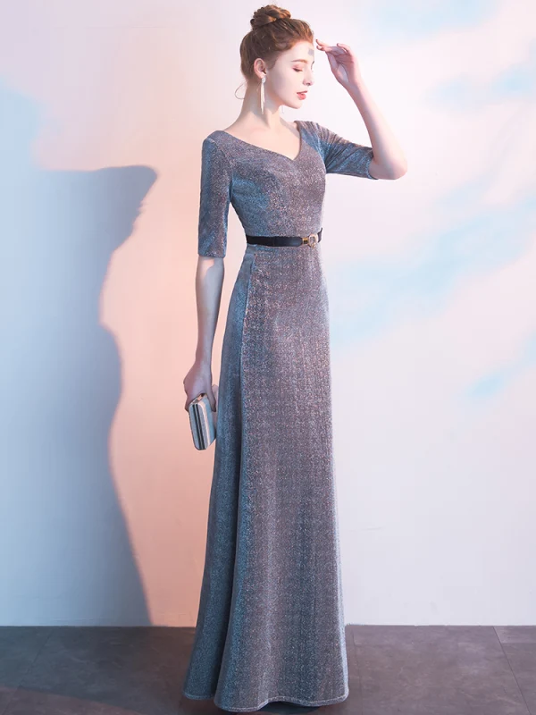 Élégant Gris Robe De Soirée 2019 Empire V-Cou Glitter Polyester Ceinture 1/2 Manches Dos Nu Longue Robe De Ceremonie