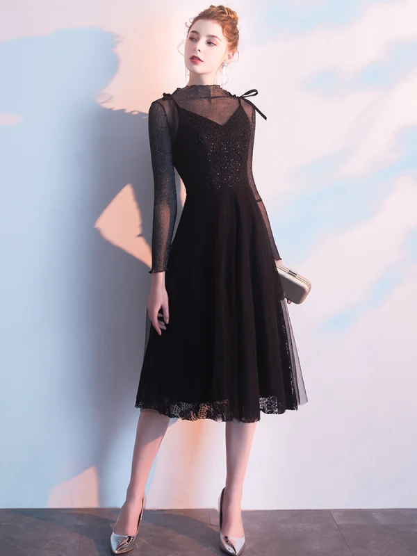 Chic / Beautiful Black Homecoming Graduation Dresses 2019 A-Line / Princess Scoop Neck Glitter Tulle Lace Bow Long Sleeve Tea-length Formal Dresses