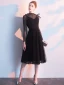 Chic / Beautiful Black Homecoming Graduation Dresses 2019 A-Line / Princess Scoop Neck Glitter Tulle Lace Bow Long Sleeve Tea-length Formal Dresses
