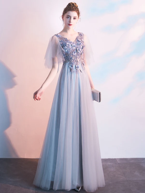 Chic / Beautiful Grey Evening Dresses  2019 A-Line / Princess V-Neck Appliques Pearl Lace Flower Short Sleeve Backless Floor-Length / Long Formal Dresses