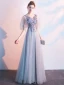 Chic / Beautiful Grey Evening Dresses  2019 A-Line / Princess V-Neck Appliques Pearl Lace Flower Short Sleeve Backless Floor-Length / Long Formal Dresses