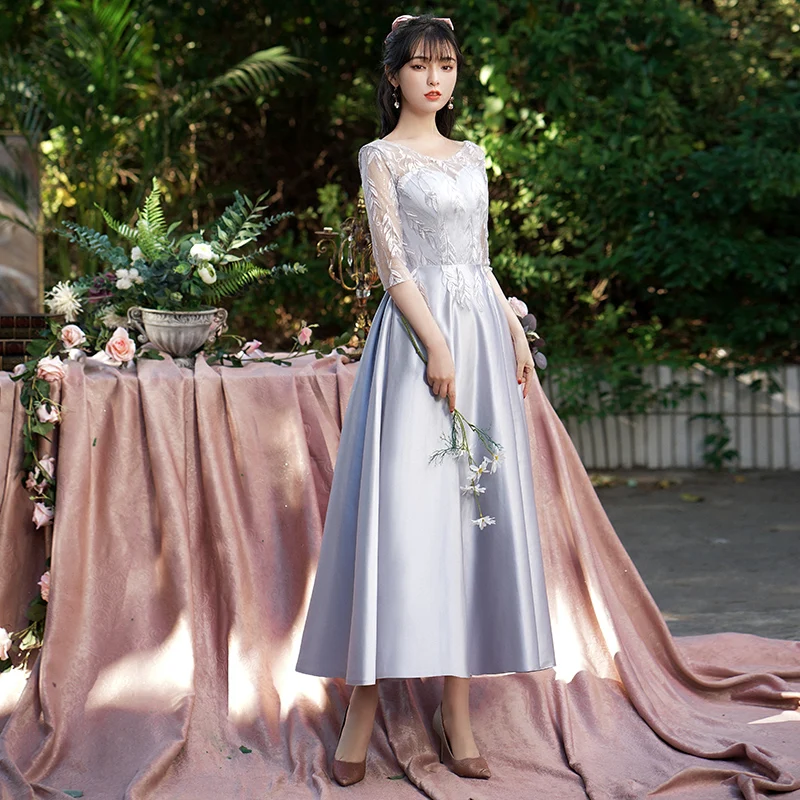 Elegant Silver Grey Satin Bridesmaid Dresses 2021 A Line Princess Scoop  Neck Lace Flower 1 2 Sleeves Backless Ankle Length Wedding Party Dresses