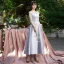 Elegant Silver Grey Satin Bridesmaid Dresses 2021 A-Line / Princess Scoop Neck Lace Flower 1/2 Sleeves Backless Ankle Length Wedding Party Dresses