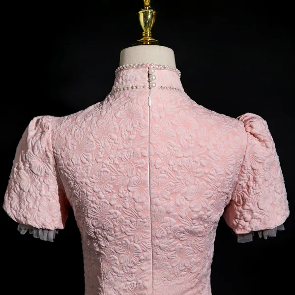 Chinese style Blushing Pink Beading Printing Evening Party Cheongsam 2025 A-Line / Princess High Neck Short Sleeve Tea-length