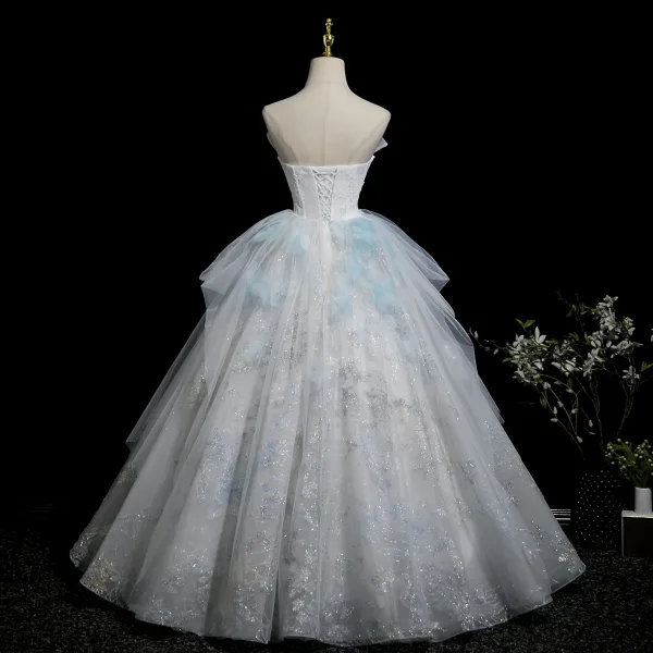 Chic / Beautiful Sky Blue Glitter Lace Flower Appliques Prom Dresses 2025 Ball Gown Strapless Sleeveless Backless Floor-Length / Long Formal Dresses