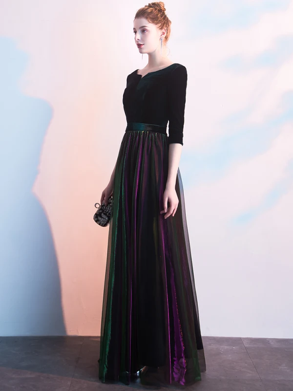 Elegant Black Evening Dresses  2019 A-Line / Princess Scoop Neck Suede 1/2 Sleeves Floor-Length / Long Formal Dresses