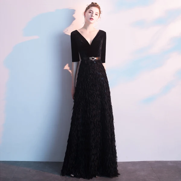 Charming Black Evening Dresses 2019 A-Line / Princess Deep V-Neck Suede Tassel Sash 1/2 Sleeves Floor-Length / Long Formal Dresses