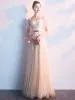 Charming Champagne Evening Dresses  2019 A-Line / Princess Square Neckline Sequins Sash Short Sleeve Backless Floor-Length / Long Formal Dresses