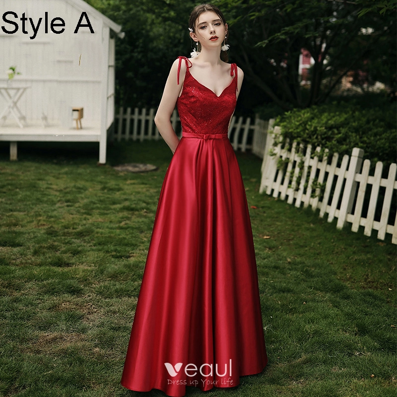 Vestidos largos de dama de honor sin tirantes con escote en corazón y falda de tul Rojo