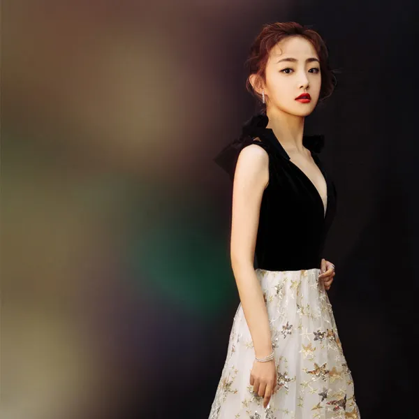 Modern / Fashion Black Evening Dresses 2019 A-Line / Princess V-Neck Lace Sequins Star Suede Bow Sleeveless Floor-Length / Long Formal Dresses