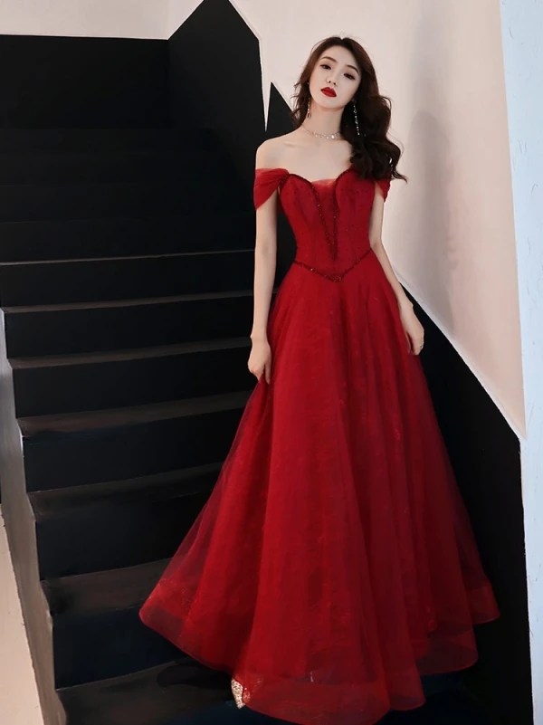 Chic / Beautiful Burgundy Evening Dresses 2019 A-Line / Princess Off-The-Shoulder Beading Crystal Sleeveless Backless Floor-Length / Long Formal Dresses