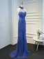 Luxe Océan Bleu Fait main Perlage Robe De Soirée 2019 Trompette / Sirène Titulaire Cristal Paillettes Sans Manches Train De Balayage Robe De Ceremonie