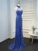 Luxury / Gorgeous Ocean Blue Handmade  Beading Evening Dresses  2019 Trumpet / Mermaid Halter Crystal Sequins Sleeveless Sweep Train Formal Dresses