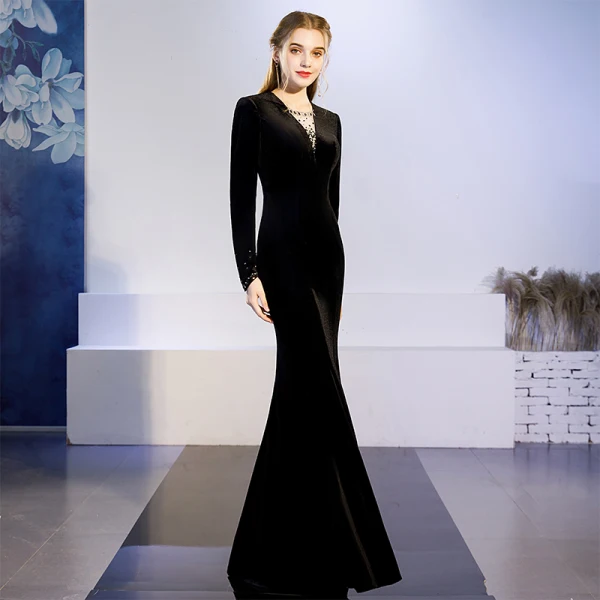 Elegant Solid Color Black Evening Dresses  2019 Trumpet / Mermaid V-Neck Suede Rhinestone Long Sleeve Floor-Length / Long Formal Dresses