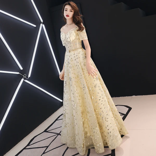 Elegant Gold Evening Dresses 2019 A-Line / Princess Off-The-Shoulder Glitter Sequins Metal Sash Short Sleeve Backless Floor-Length / Long Formal Dresses