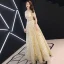 Elegant Gold Evening Dresses  2019 A-Line / Princess Off-The-Shoulder Glitter Sequins Metal Sash Short Sleeve Backless Floor-Length / Long Formal Dresses