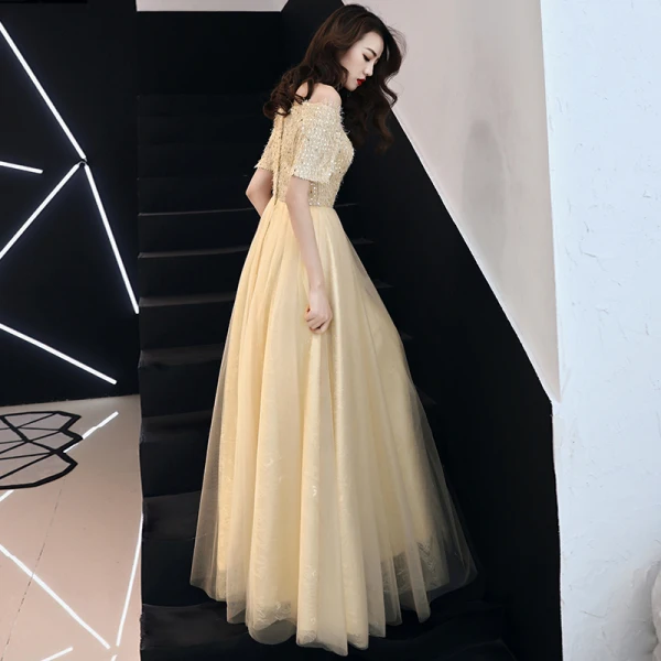 Modern / Fashion Gold Evening Dresses 2019 A-Line / Princess Off-The-Shoulder Sequins Tassel Short Sleeve Floor-Length / Long Formal Dresses