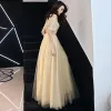 Modern / Fashion Gold Evening Dresses  2019 A-Line / Princess Off-The-Shoulder Sequins Tassel Short Sleeve Floor-Length / Long Formal Dresses
