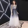 Charming Grey Evening Dresses  2019 A-Line / Princess V-Neck Sequins Sleeveless Backless Floor-Length / Long Formal Dresses