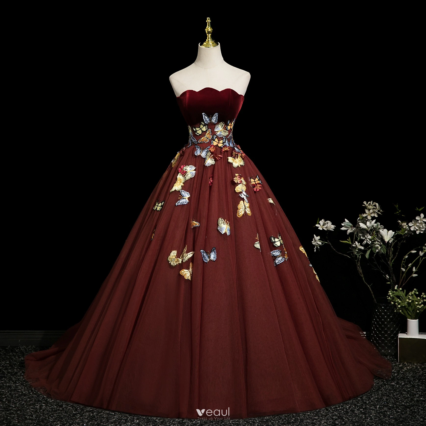 Flower Fairy Burgundy 3d Lace Butterfly Prom Dresses 2025 Ball Gown Strapless Sleeveless Backless Sweep Train Formal Dresses Flower Fairy Burgundy 3d Lace Butterfly Prom Dresses 2025 Ball Gown Strapless Sleeveless Backless Sweep Train Formal Dresses