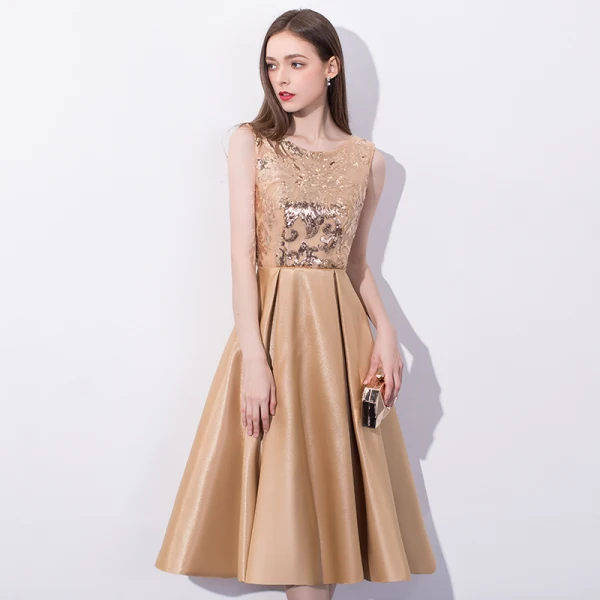 Chic / Beautiful Champagne Homecoming Graduation Dresses 2018 A-Line / Princess Sequins Scoop Neck Sleeveless Knee-Length Formal Dresses