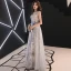 Chic / Beautiful Grey Evening Dresses  2019 A-Line / Princess V-Neck Crystal Lace Flower Bow Sleeveless Backless Floor-Length / Long Formal Dresses