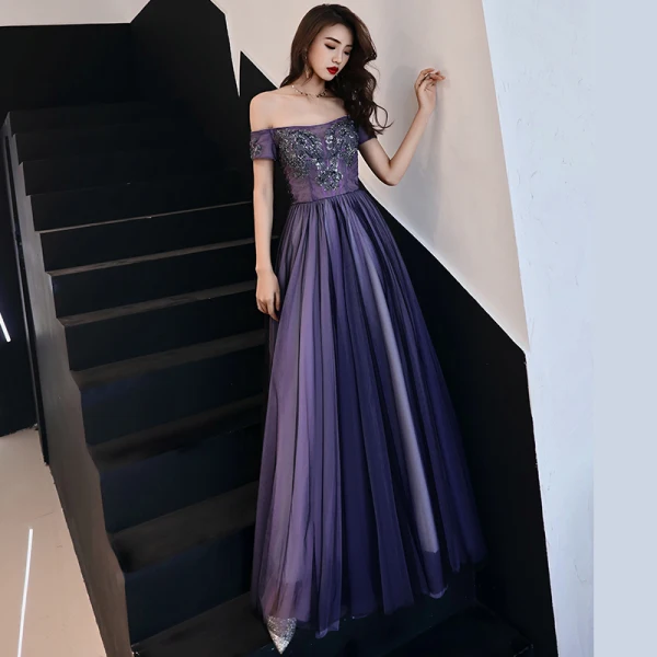 Elegant Grape Evening Dresses  2019 A-Line / Princess Off-The-Shoulder Beading Crystal Sequins Short Sleeve Backless Floor-Length / Long Formal Dresses