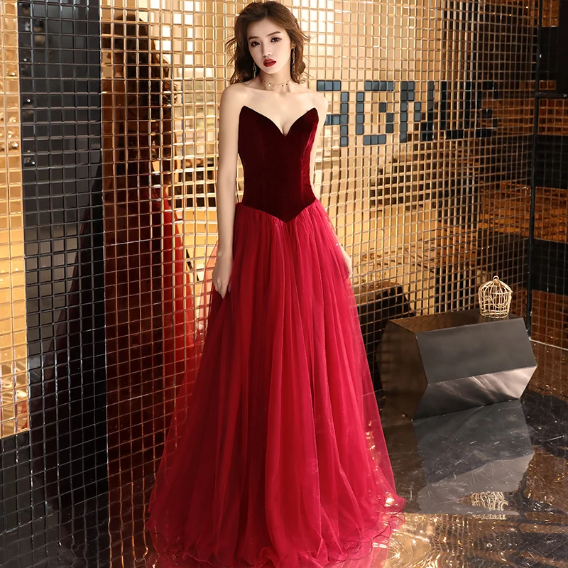 HOT ! Maroon Prom Shop Prom Dresses 2019 Sexy Burgundy Prom Dresses 2019  A-Line Princess Strapless Suede Sleeveless Backless Long