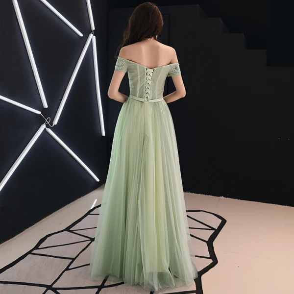 Elegant Sage Green Prom Dresses 2019 A-Line / Princess Off-The-Shoulder Lace Flower Appliques Beading Rhinestone Bow Short Sleeve Floor-Length / Long Formal Dresses