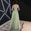 Elegant Sage Green Prom Dresses 2019 A-Line / Princess Off-The-Shoulder Lace Flower Appliques Beading Rhinestone Bow Short Sleeve Floor-Length / Long Formal Dresses