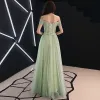 Élégant Vert Cendré Robe De Bal 2019 Princesse De l'épaule En Dentelle Fleur Appliques Perlage Faux Diamant Noeud Manches Courtes Longue Robe De Ceremonie