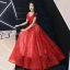 Charming Red Evening Dresses  2019 A-Line / Princess V-Neck Beading Sequins Metal Sash Glitter Tulle Short Sleeve Backless Floor-Length / Long Formal Dresses
