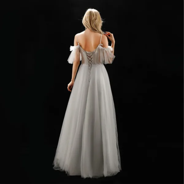 Chic / Belle Gris Robe De Soirée 2019 Princesse Bretelles Spaghetti En Dentelle Fleur Perlage Paillettes Volants Manches Courtes Dos Nu Longue Robe De Ceremonie