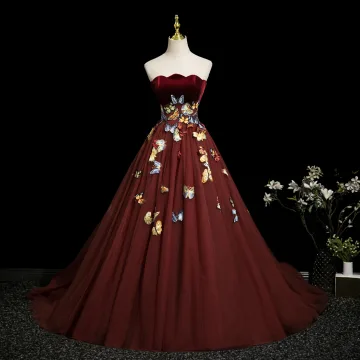 Flower Fairy Burgundy 3d Lace Butterfly Prom Dresses 2025 Ball Gown Strapless Sleeveless Backless Sweep Train Formal Dresses