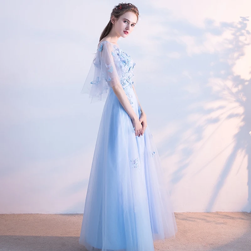 Chic Beautiful Sky Blue Evening Dresses 2018 A Line Princess Lace Butterfly  Scoop Neck Backless Short Sleeve Floor Length Long Formal Dresses