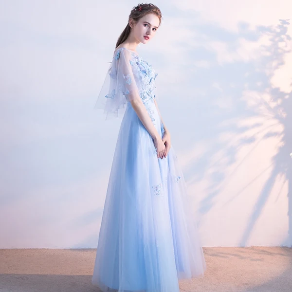 Chic / Beautiful Sky Blue Evening Dresses 2018 A-Line / Princess Lace Butterfly Scoop Neck Backless Short Sleeve Floor-Length / Long Formal Dresses