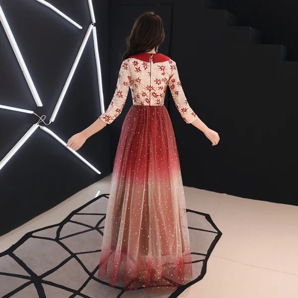 Charming Gradient-Color Burgundy Evening Dresses  2019 A-Line / Princess V-Neck Lace Star 3/4 Sleeve Floor-Length / Long Formal Dresses